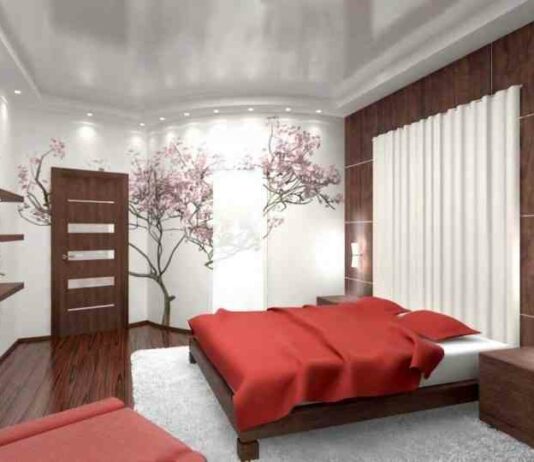 Натяжна стеля в спальні( 82 фото): красиві варіанти оформлення з візерунками і освітленням – галерея, види однорівневих конструкцій